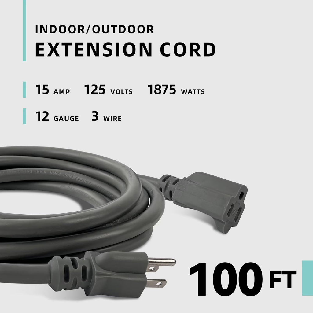 100ft Indoor Outdoor Extension Cord 12/3 SJTW Heavy Duty 15Amp 1875W Gray C8443
