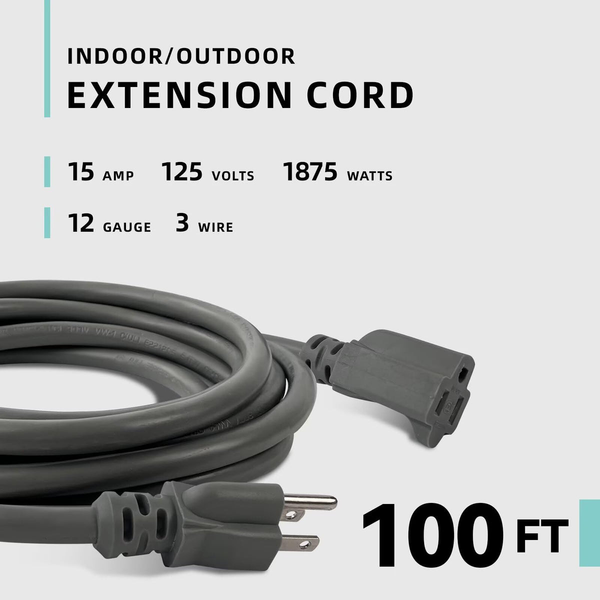 100ft Indoor Outdoor Extension Cord 12/3 SJTW Heavy Duty 15Amp 1875W Gray C8443