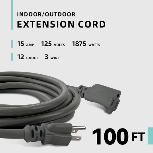 100ft Indoor Outdoor Extension Cord 12/3 SJTW Heavy Duty 15Amp 1875W Gray C8443