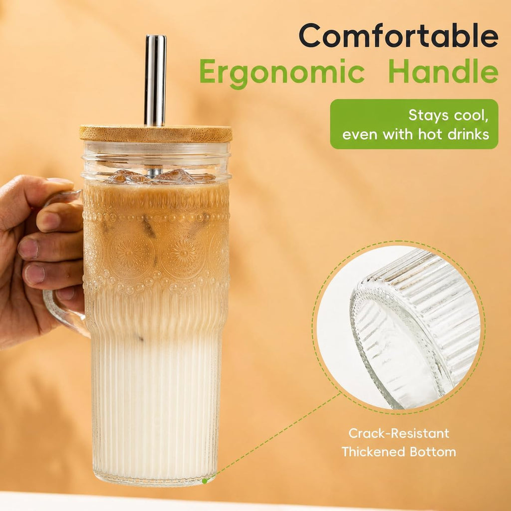 24 oz Glass Tumbler with Bamboo Lid and Handle M27792