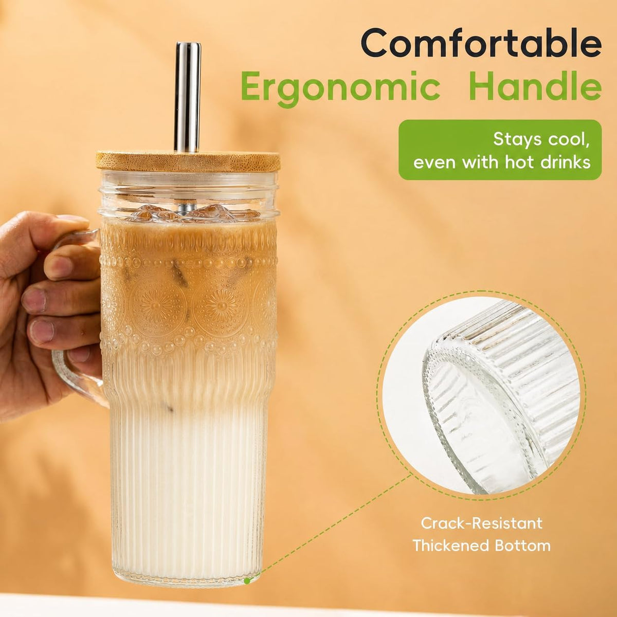 24 oz Glass Tumbler with Bamboo Lid and Handle M27792