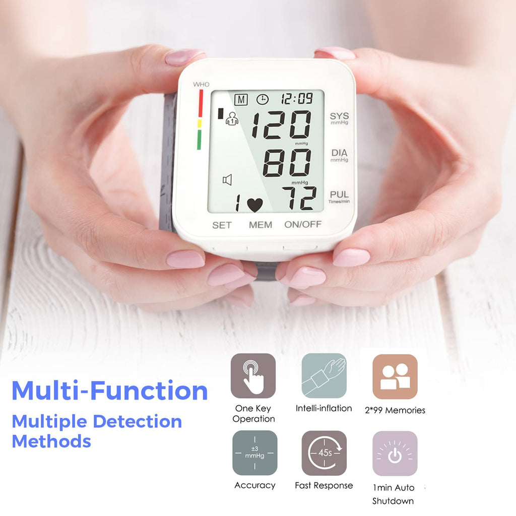 Wrist Blood Pressure Monitor Large LCD Display Adjustable Cuff 99x2 Sets Memory with Carrying Case White Pack of 5 Q269