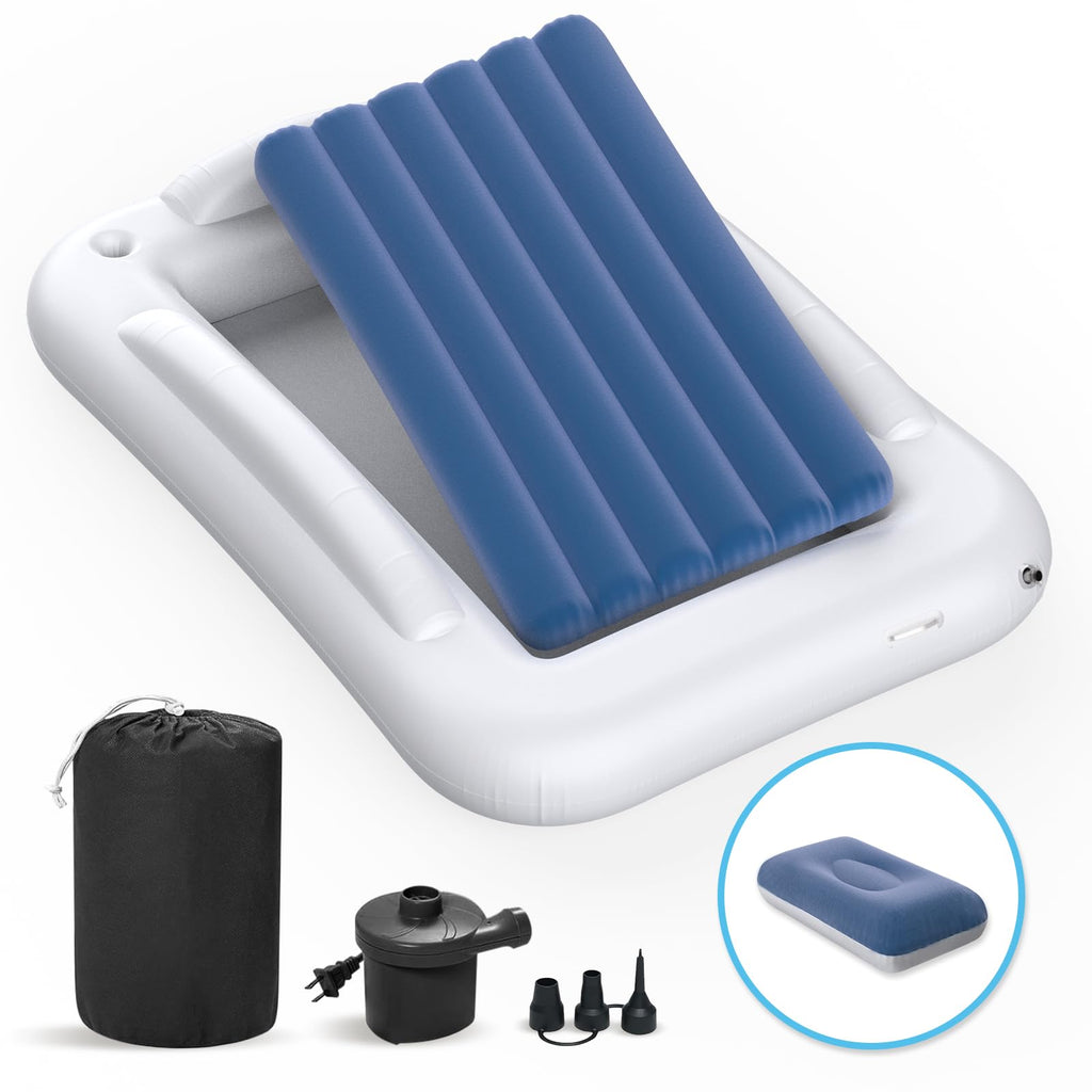 Inflatable Toddler Travel Bed 60 Inches Portable with Safety Sides Air Mattress Set Built-in Electric Pump Carry Case Sea Blue D3439