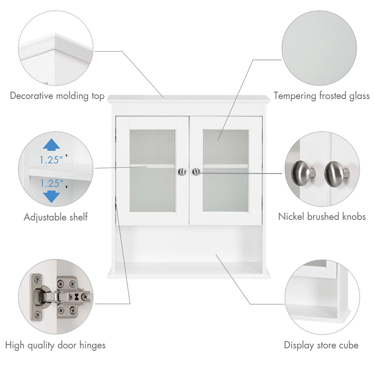 White Bathroom Wall Cabinet with Glass Doors B34372