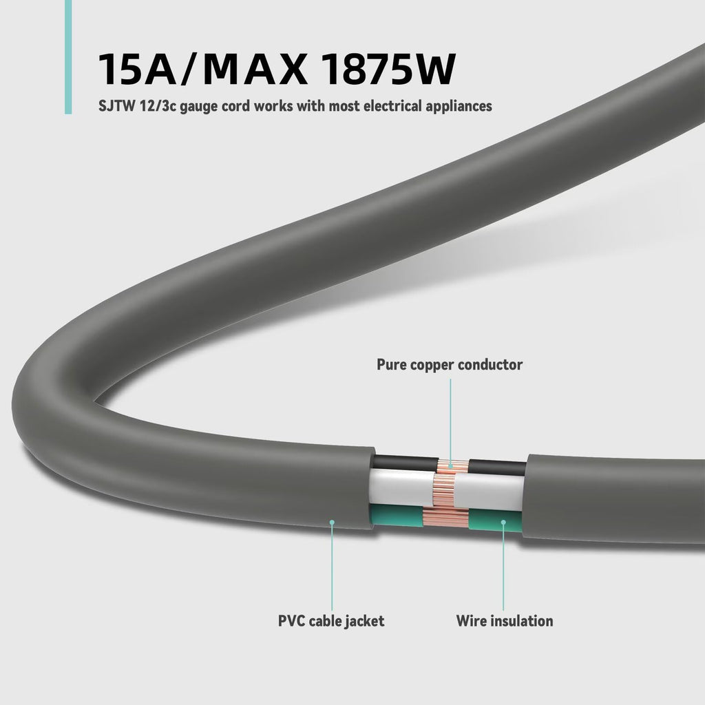 100ft Indoor Outdoor Extension Cord 12/3 SJTW Heavy Duty 15Amp 1875W Gray C8443