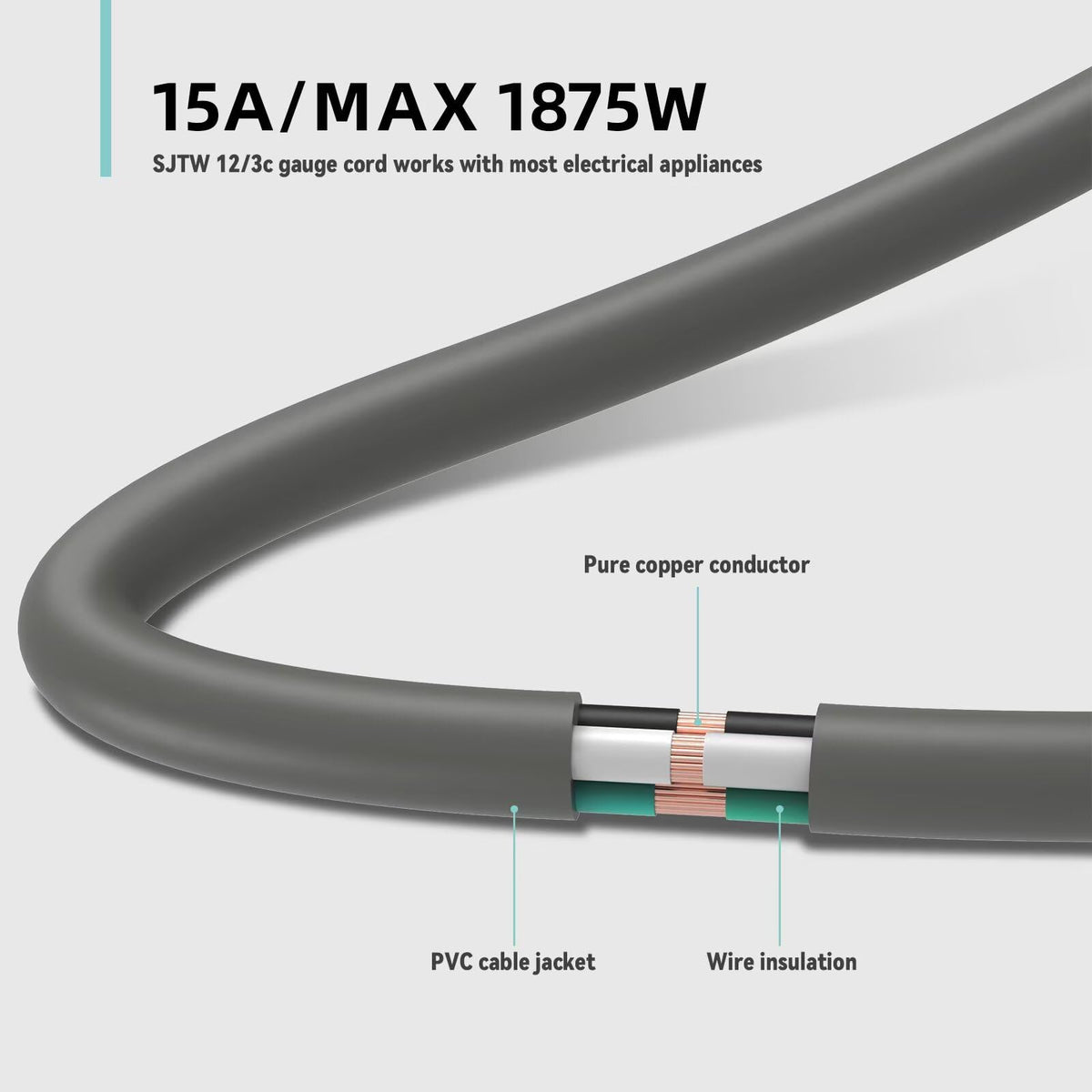 100ft Indoor Outdoor Extension Cord 12/3 SJTW Heavy Duty 15Amp 1875W Gray C8443