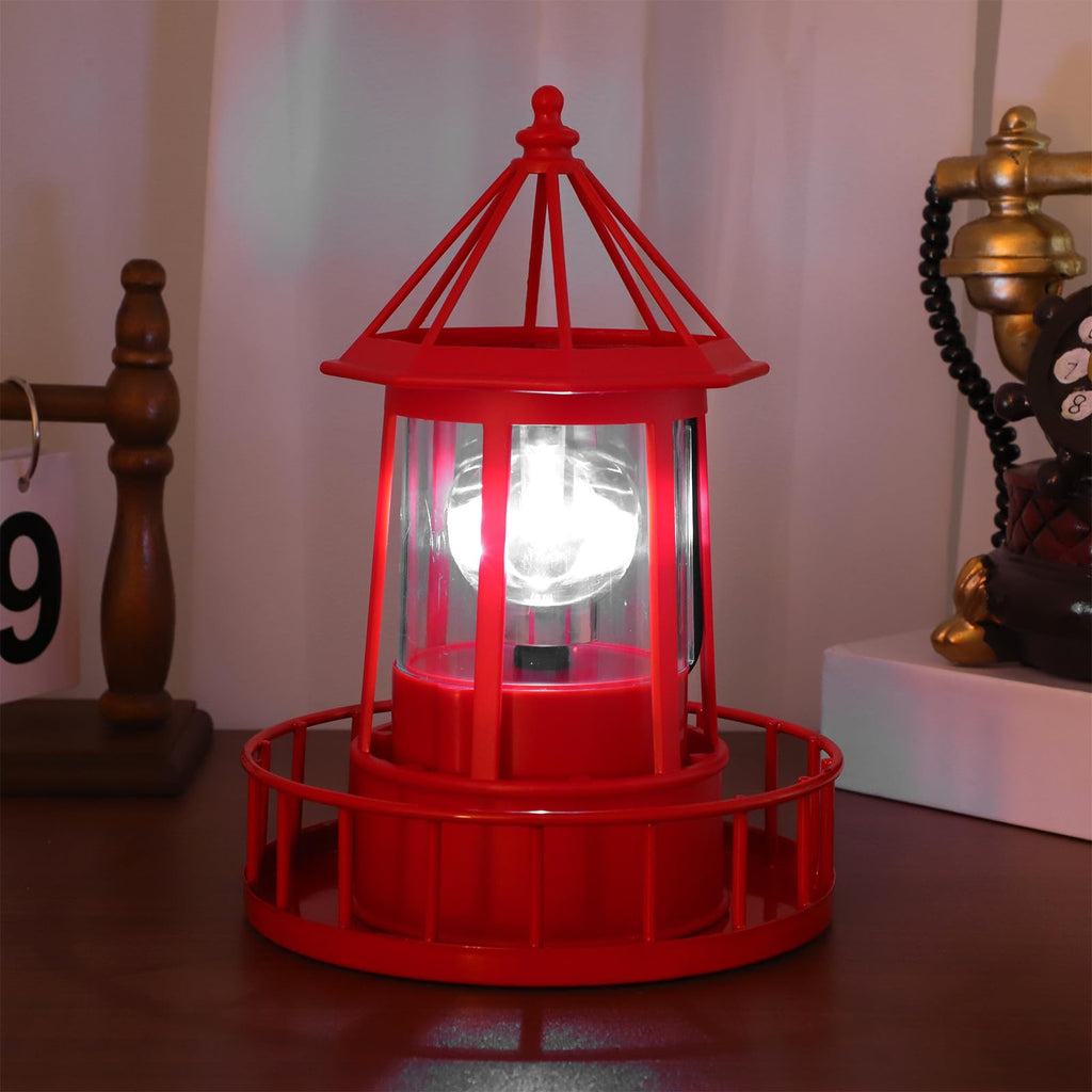 Solar Powered Red Lighthouse Figurine with Rotating Garden Light C76459