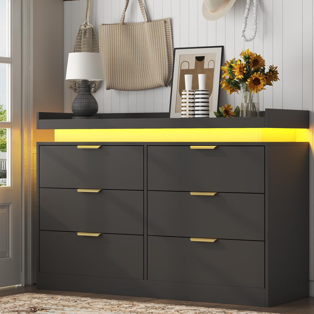 Black 6 Drawer Wood Dresser with LED Lights and Power Outlet G539637