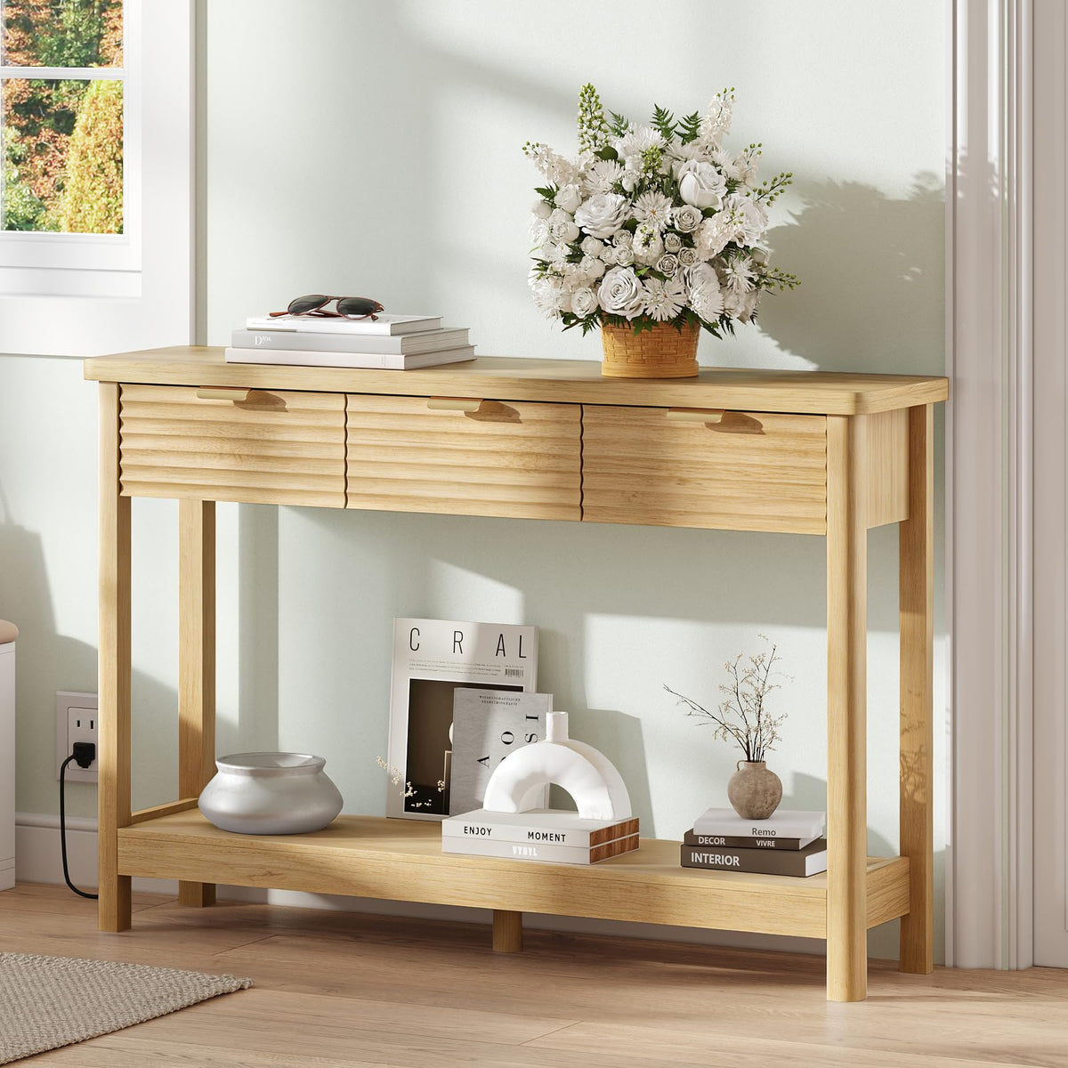 47.2" Narrow Console Table with 3 Drawers & Charging Station, Oak U476166