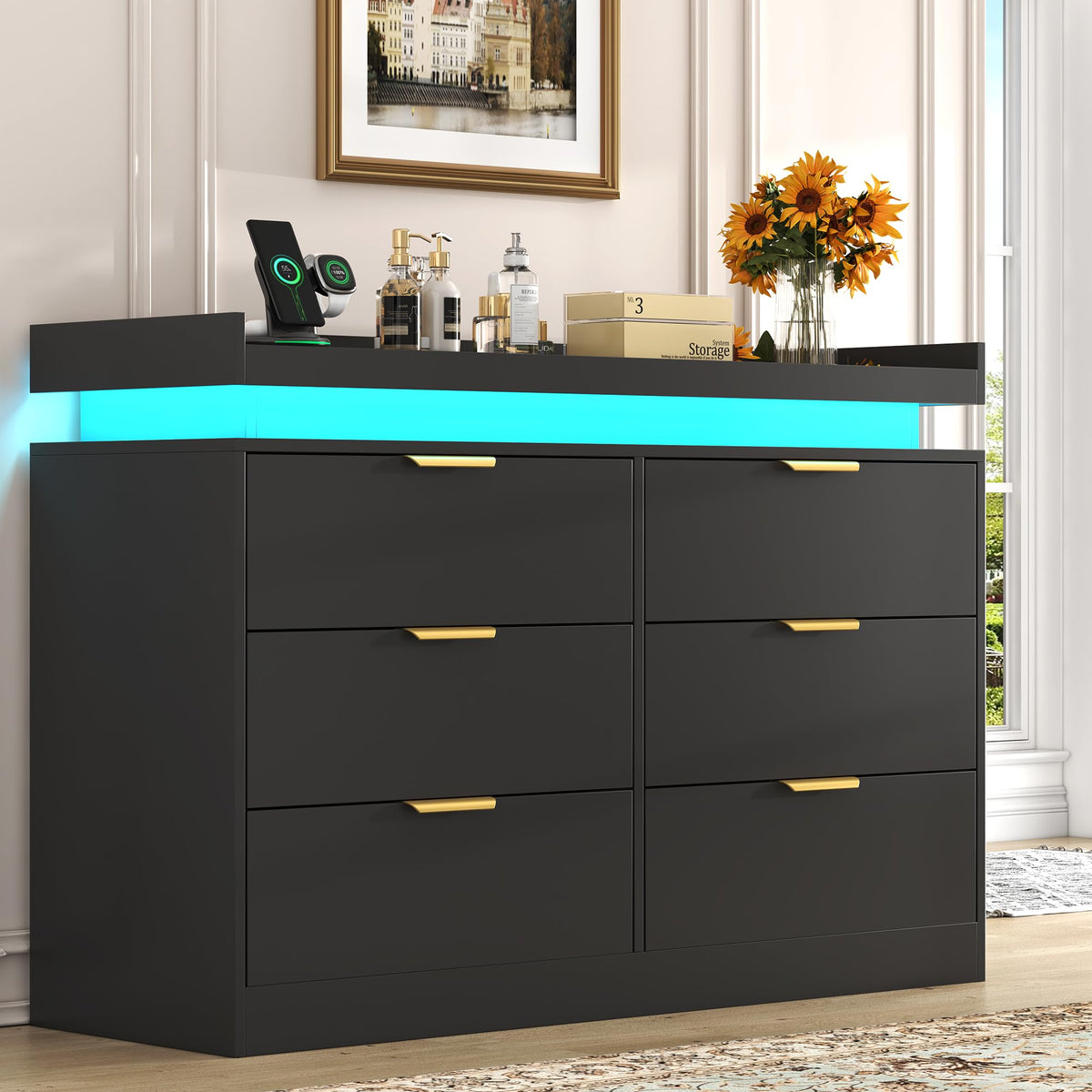 Black 6 Drawer Wood Dresser with LED Lights and Power Outlet G539637