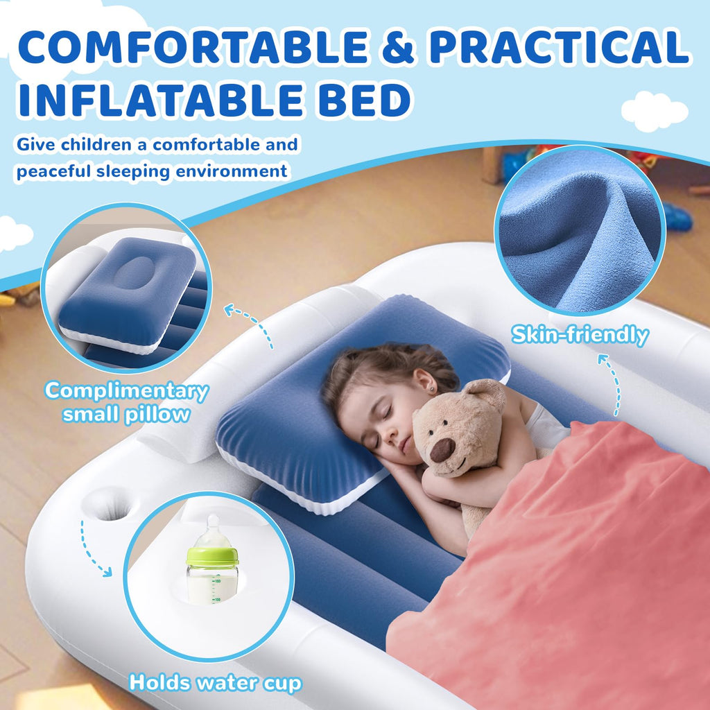 Inflatable Toddler Travel Bed 60 Inches Portable with Safety Sides Air Mattress Set Built-in Electric Pump Carry Case Sea Blue D3439