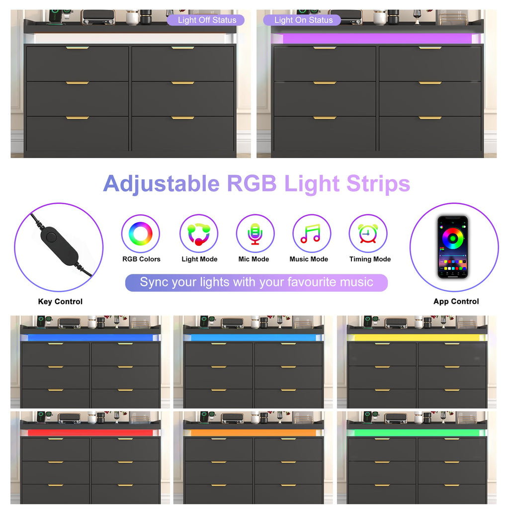 Black 6 Drawer Wood Dresser with LED Lights and Power Outlet G539637