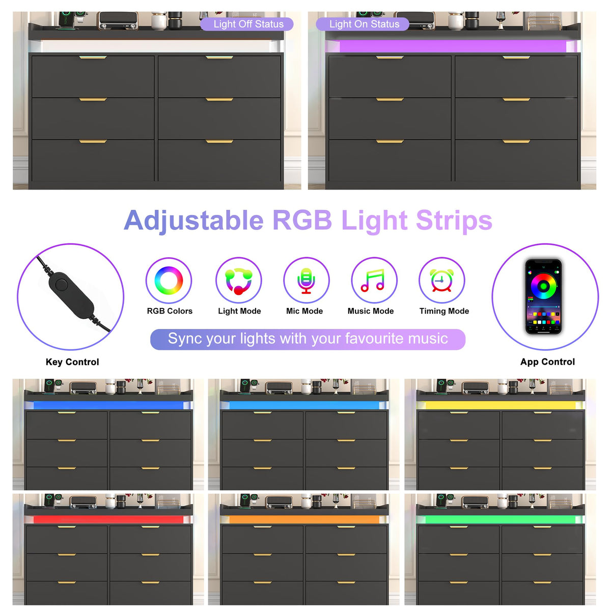 Black 6 Drawer Wood Dresser with LED Lights and Power Outlet G539637