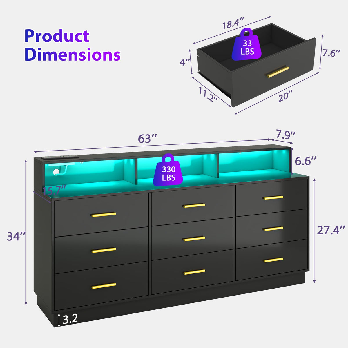 Black 9 Drawer Wood Dresser with LED Light and Power Outlet A605247