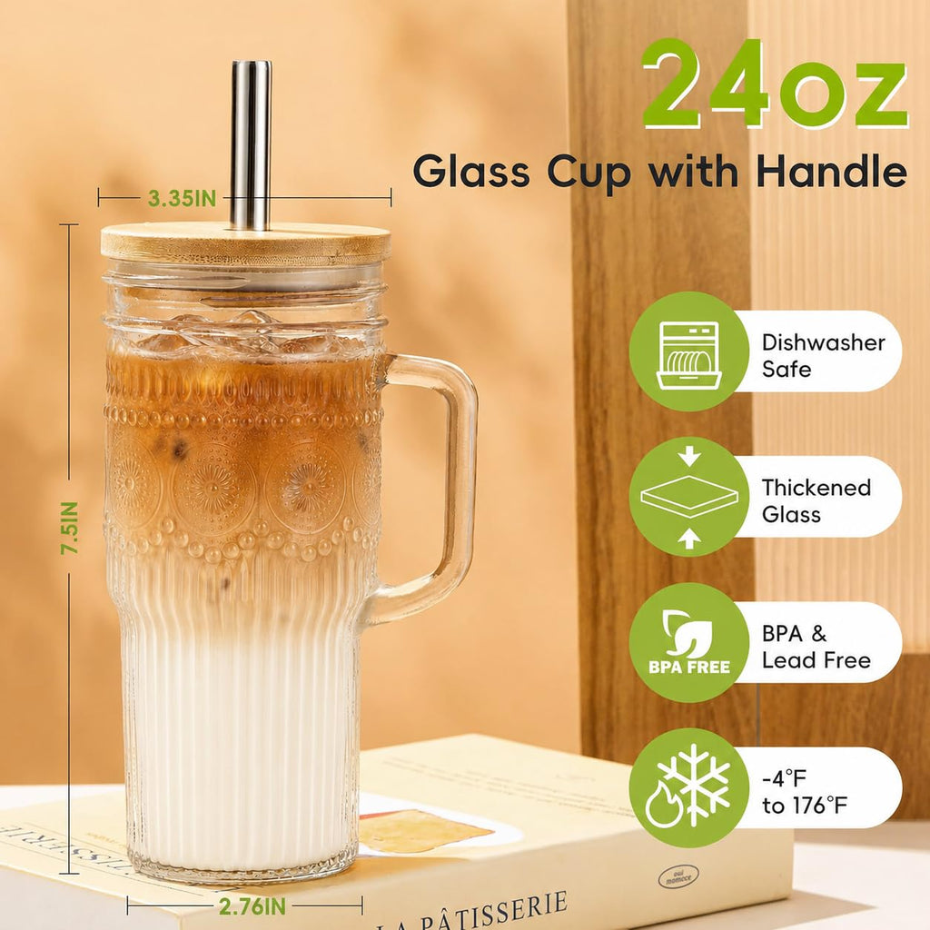 24 oz Glass Tumbler with Bamboo Lid and Handle M27792