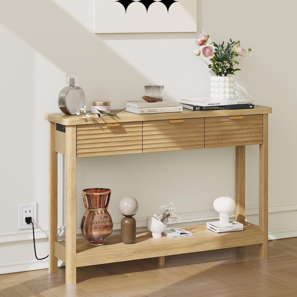 47.2" Narrow Console Table with 3 Drawers & Charging Station, Oak U476166
