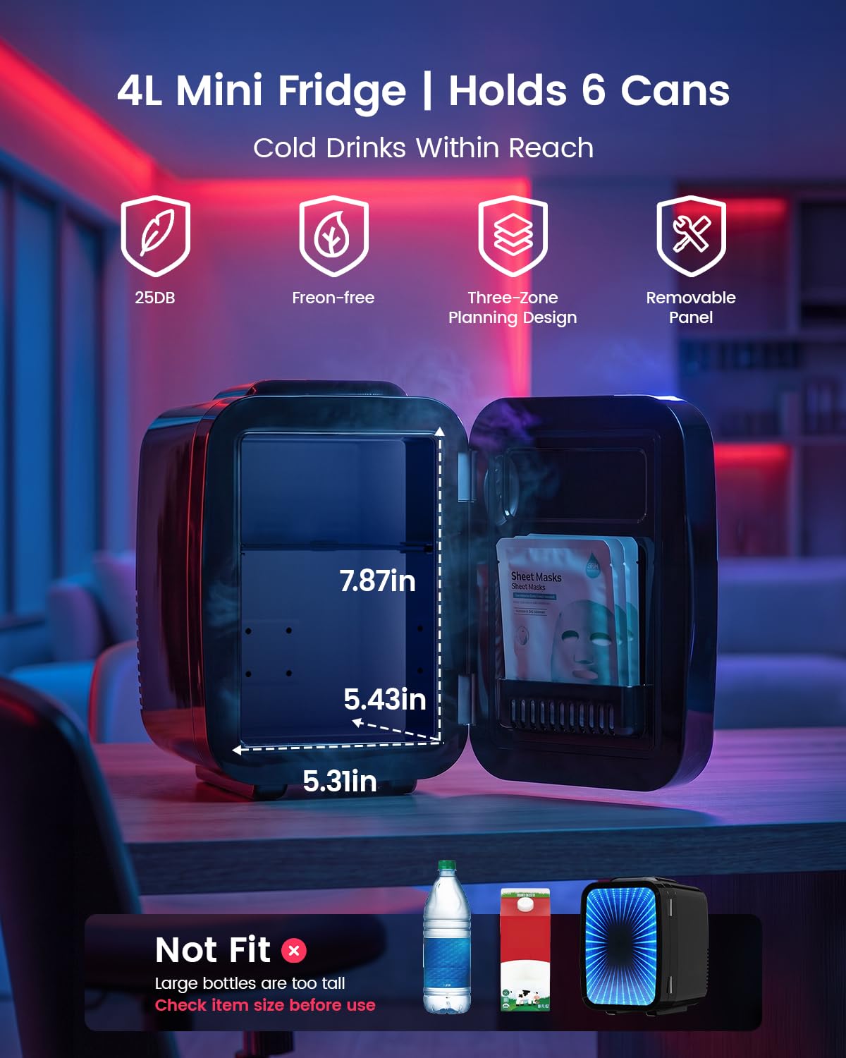 4L/6 Can Compact Fridge with LED Mirror Light D20992