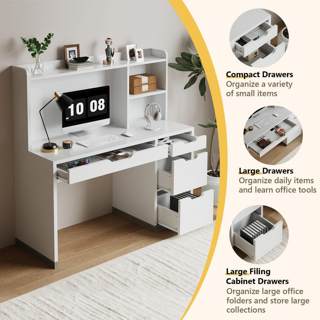 White Desk with Hutch and 4 Drawers E3599