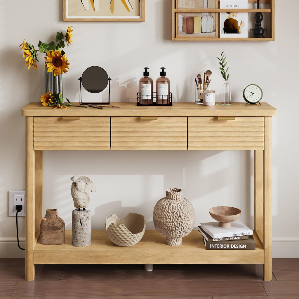 47.2" Narrow Console Table with 3 Drawers & Charging Station, Oak U476166