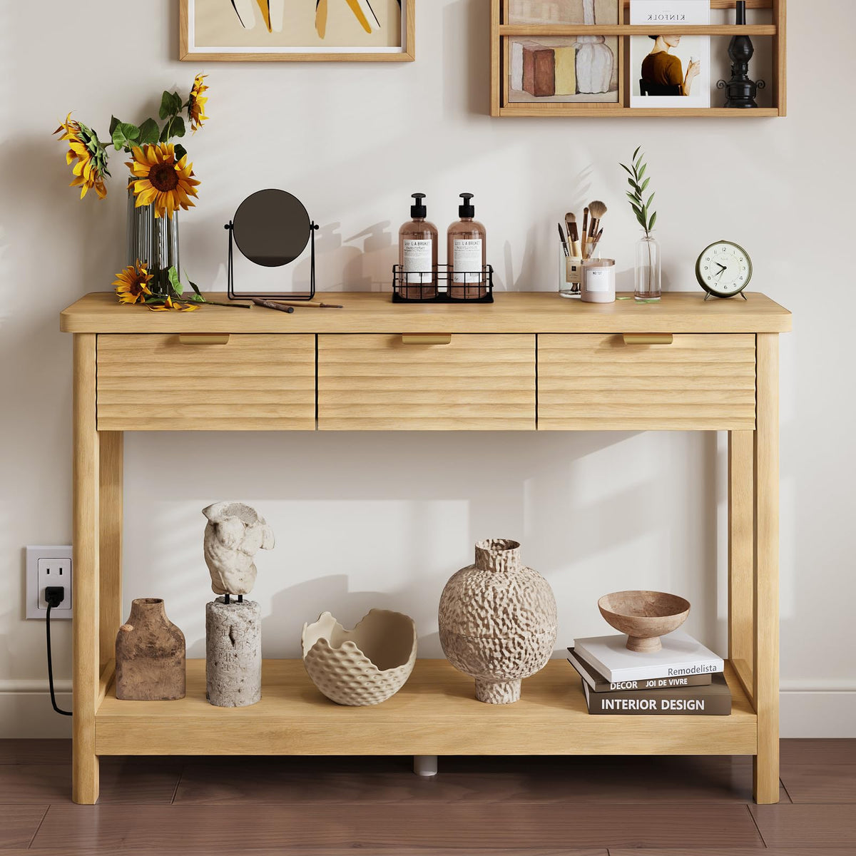 47.2" Narrow Console Table with 3 Drawers & Charging Station, Oak U476166