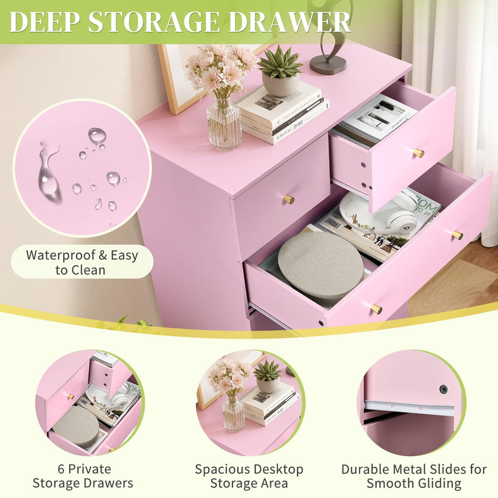 Pink 6 Drawer Dresser E6892