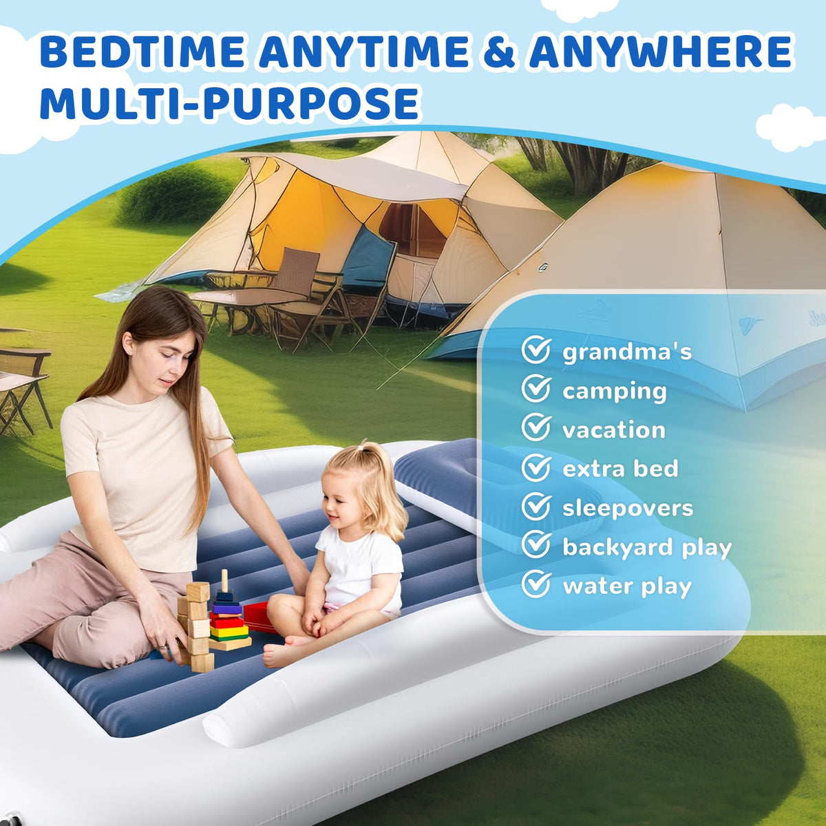 Inflatable Toddler Travel Bed 60 Inches Portable with Safety Sides Air Mattress Set Built-in Electric Pump Carry Case Sea Blue D3439