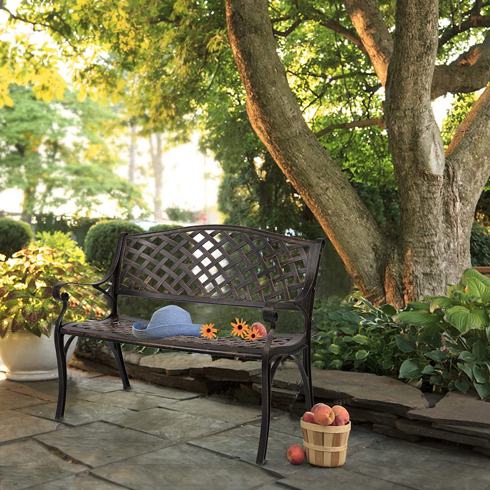 40.5" Antique Black Cast Aluminum Outdoor Bench with Mesh Backrest R230