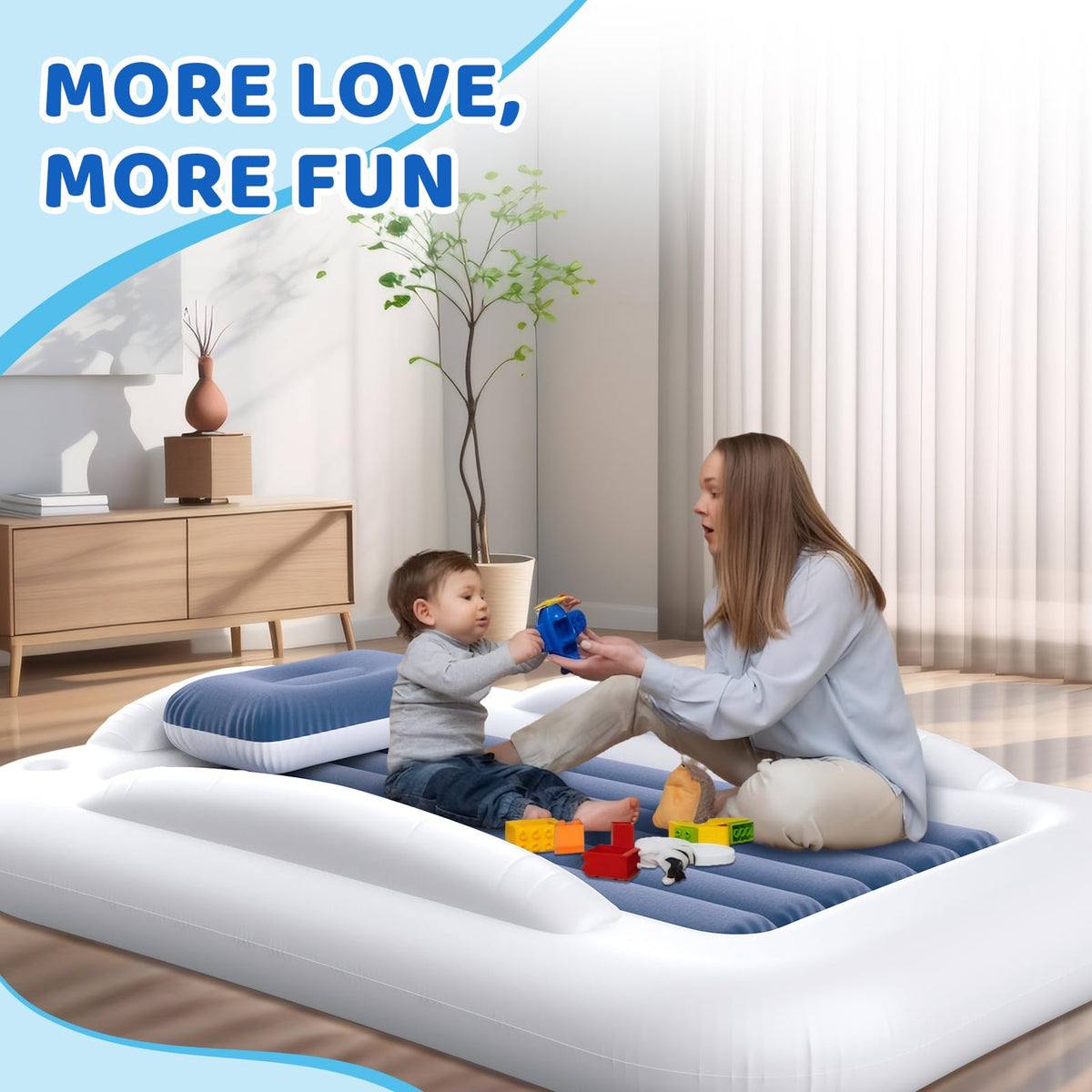 Inflatable Toddler Travel Bed 60 Inches Portable with Safety Sides Air Mattress Set Built-in Electric Pump Carry Case Sea Blue D3439