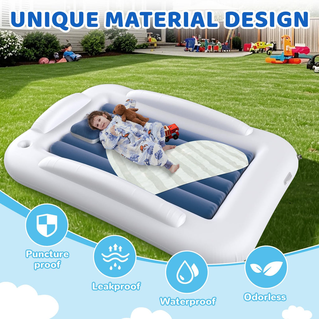 Inflatable Toddler Travel Bed 60 Inches Portable with Safety Sides Air Mattress Set Built-in Electric Pump Carry Case Sea Blue D3439