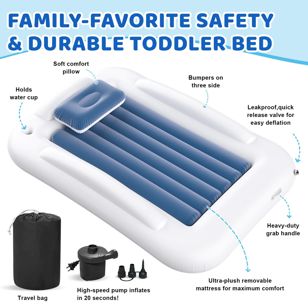 Inflatable Toddler Travel Bed 60 Inches Portable with Safety Sides Air Mattress Set Built-in Electric Pump Carry Case Sea Blue D3439