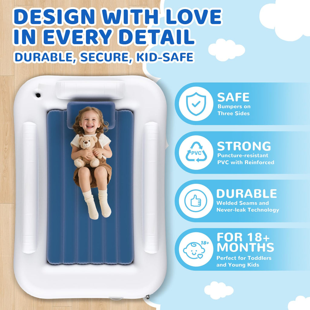 Inflatable Toddler Travel Bed 60 Inches Portable with Safety Sides Air Mattress Set Built-in Electric Pump Carry Case Sea Blue D3439