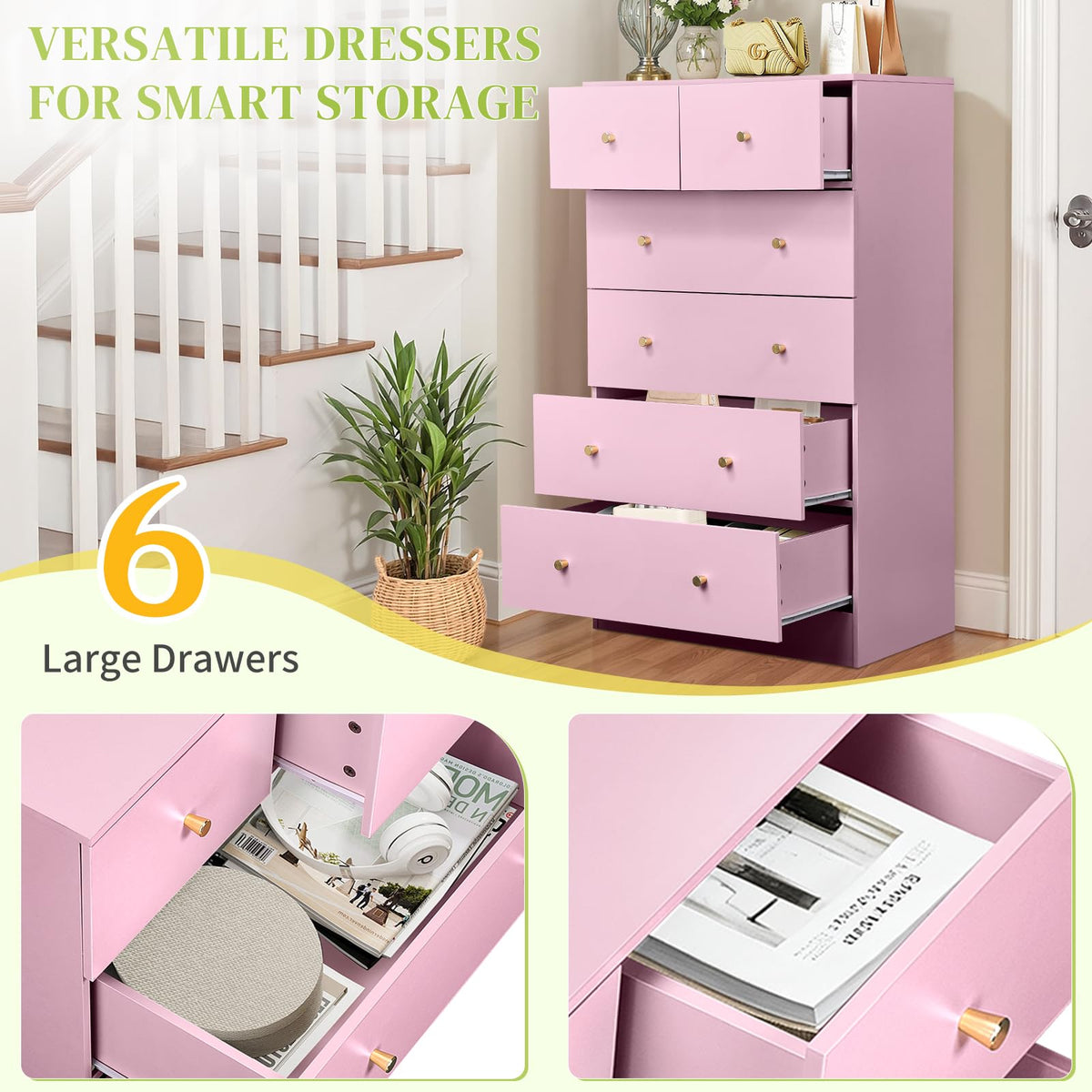 Pink 6 Drawer Dresser E6892