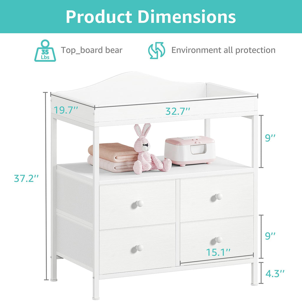 White Changing Table Dresser with 4 Fabric Drawers and Open Shelf L44409