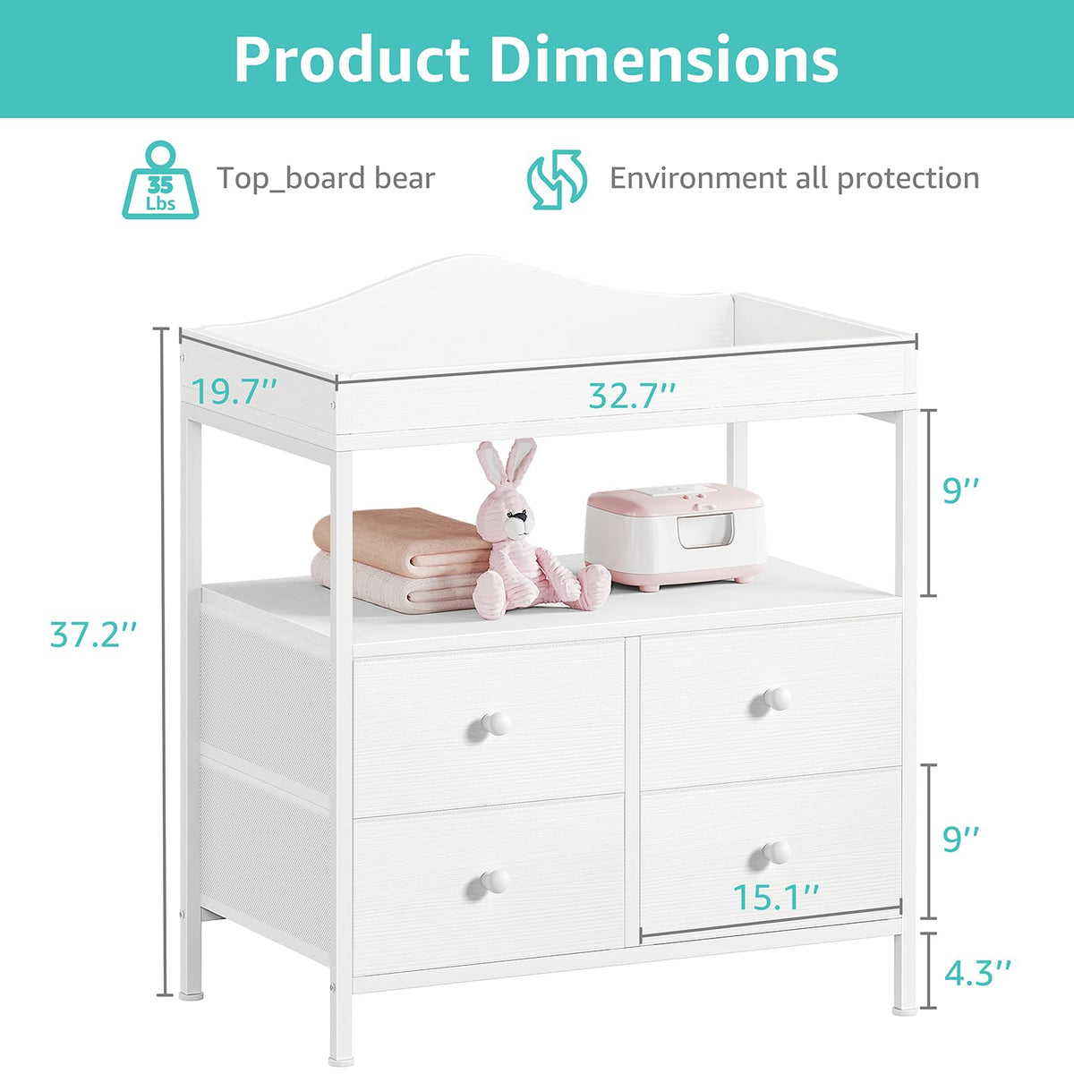 White Changing Table Dresser with 4 Fabric Drawers and Open Shelf L44409