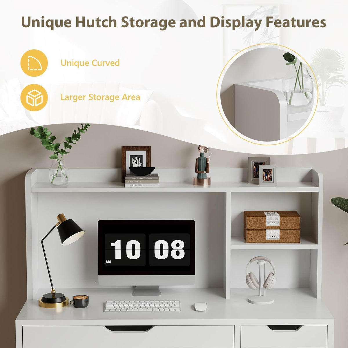 White Desk with Hutch and 4 Drawers E3599