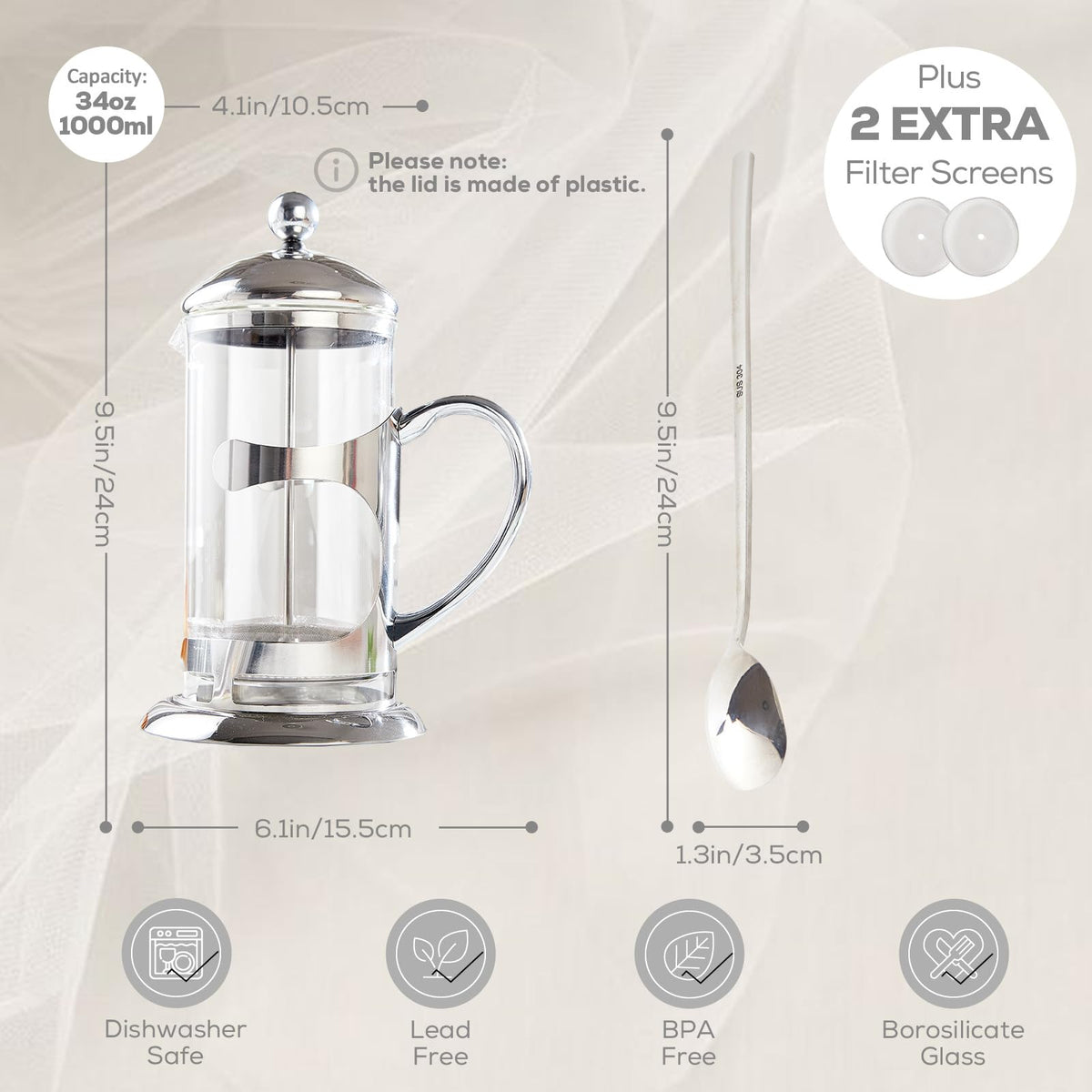 Silver 34oz French Press Coffee Maker with 4-Level Filter System J17175