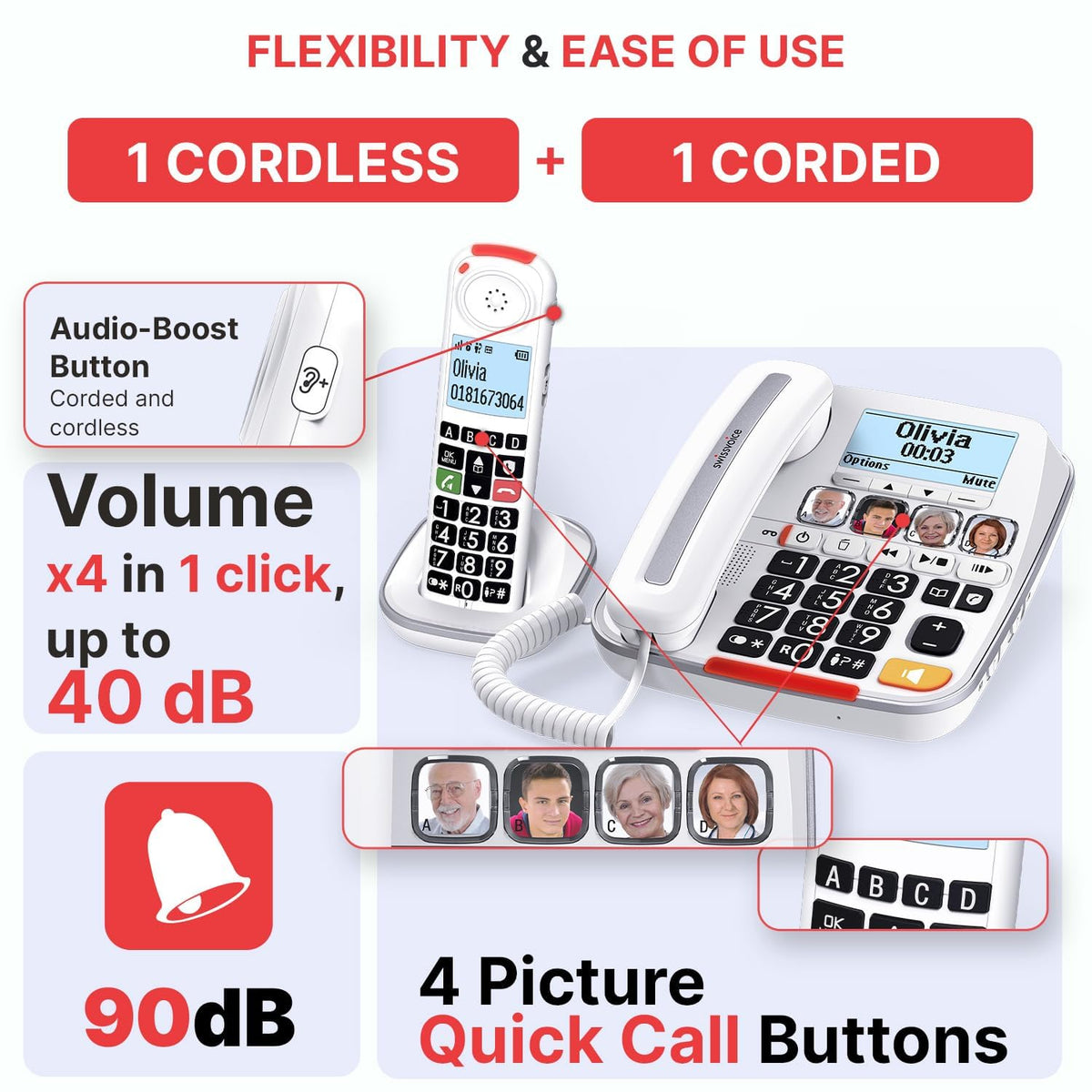 Big Button Phone with Answering Machine and Cordless Handset M89196