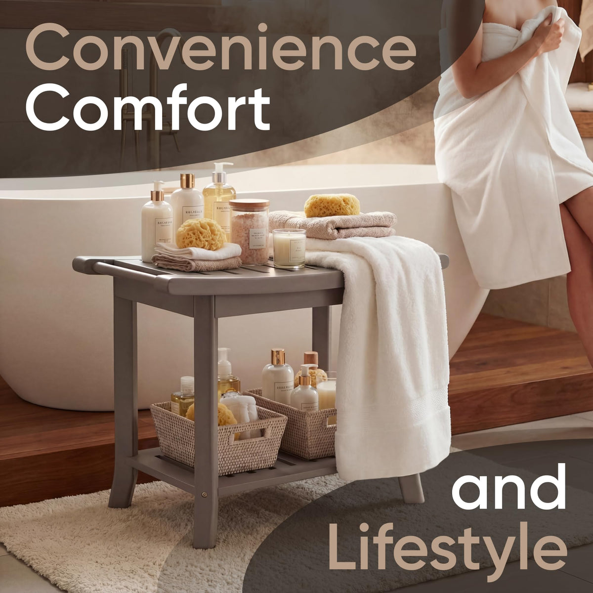 Teak Shower Bench with Storage Shelf J533608