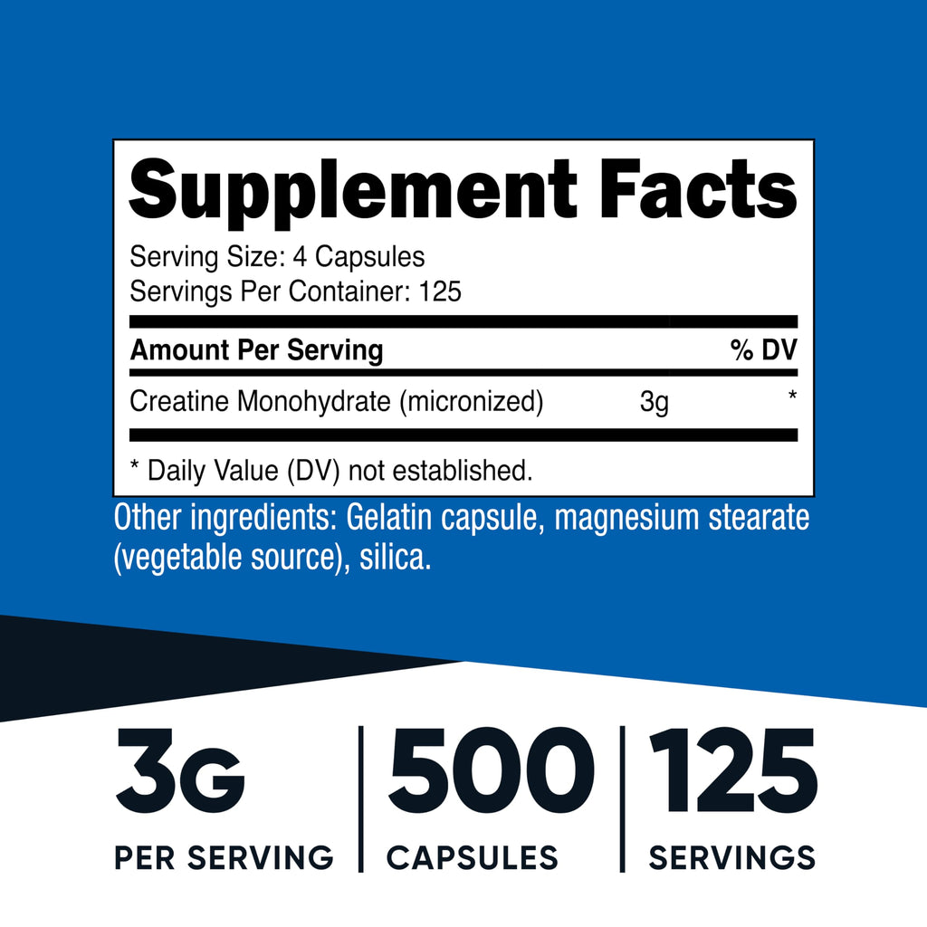 Micronized Creatine Monohydrate 3,000mg 500 Capsules I15112