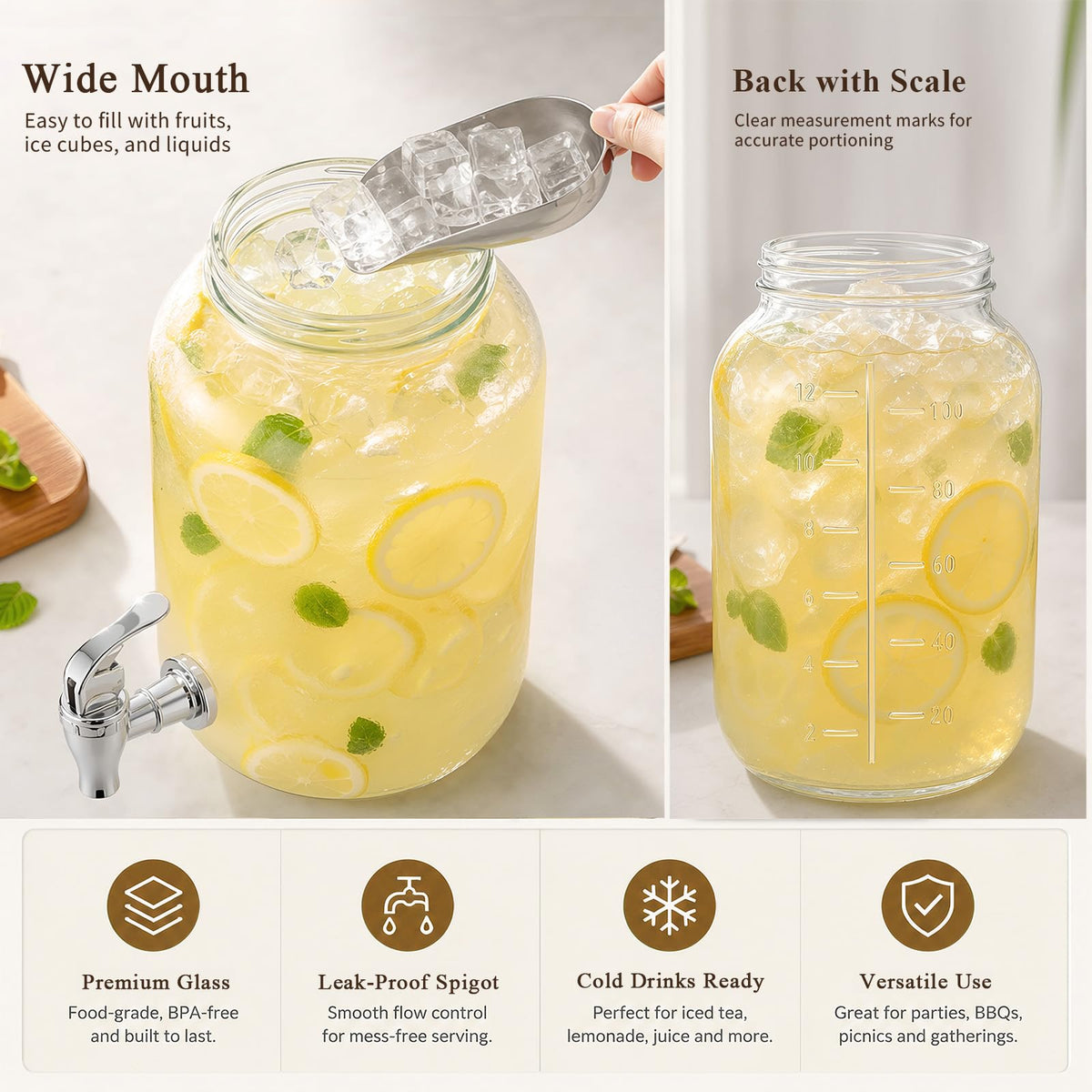 1 Gallon Glass Drink Dispensers with Spigot (2 Pack) D707