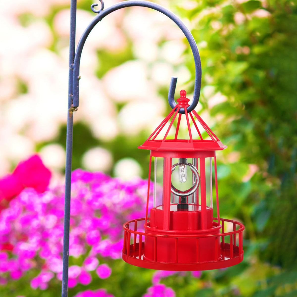 Solar Powered Red Lighthouse Figurine with Rotating Garden Light C76459