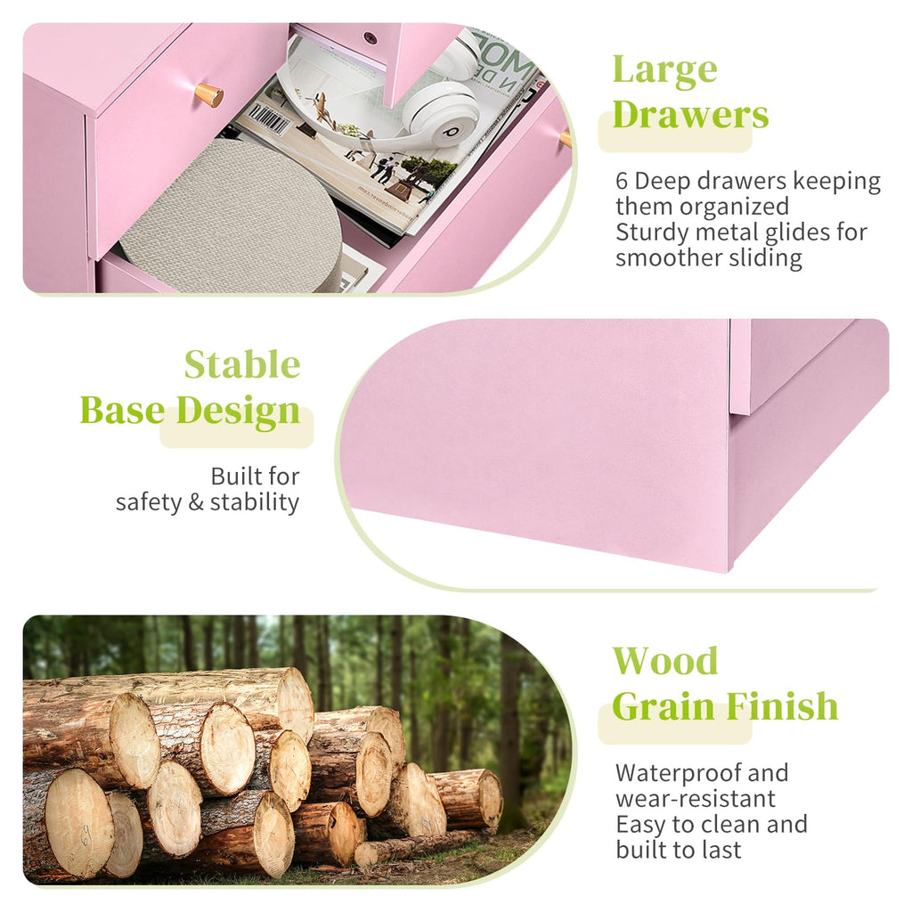 Pink 6 Drawer Dresser E6892