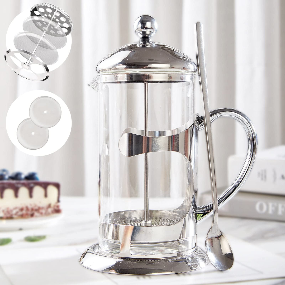 Silver 34oz French Press Coffee Maker with 4-Level Filter System J17175