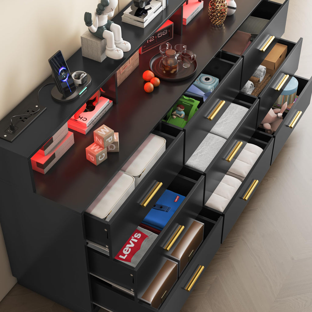 Black 9 Drawer Wood Dresser with LED Light and Power Outlet A605247