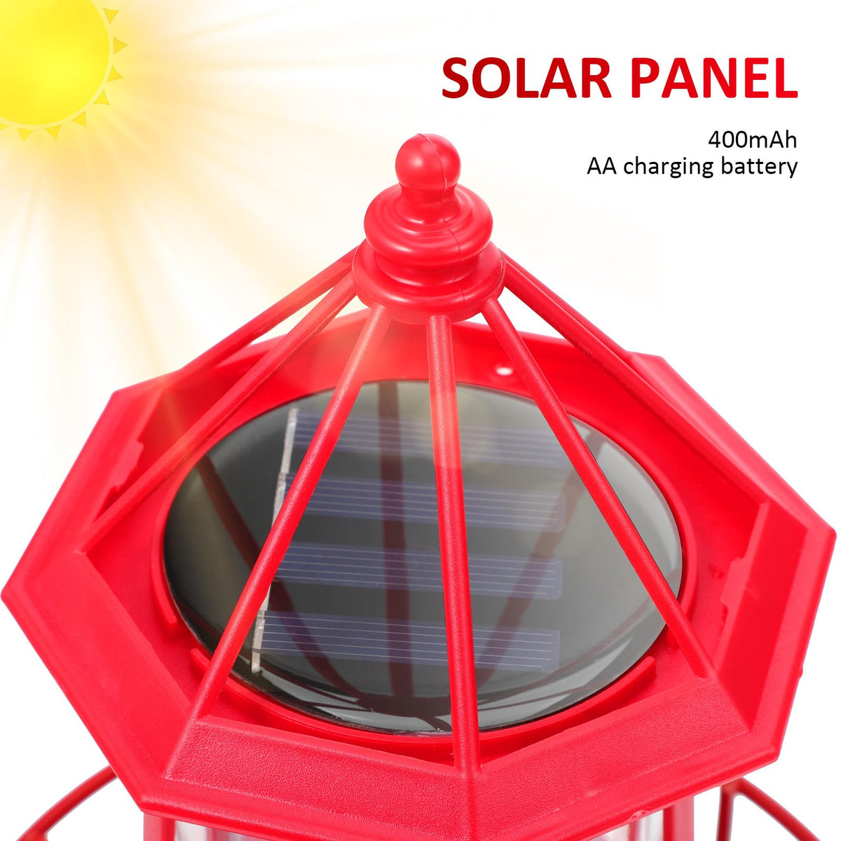 Solar Powered Red Lighthouse Figurine with Rotating Garden Light C76459