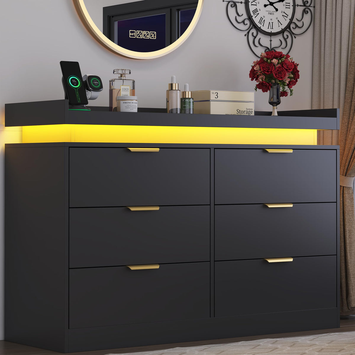 Black 6 Drawer Wood Dresser with LED Lights and Power Outlet G539637