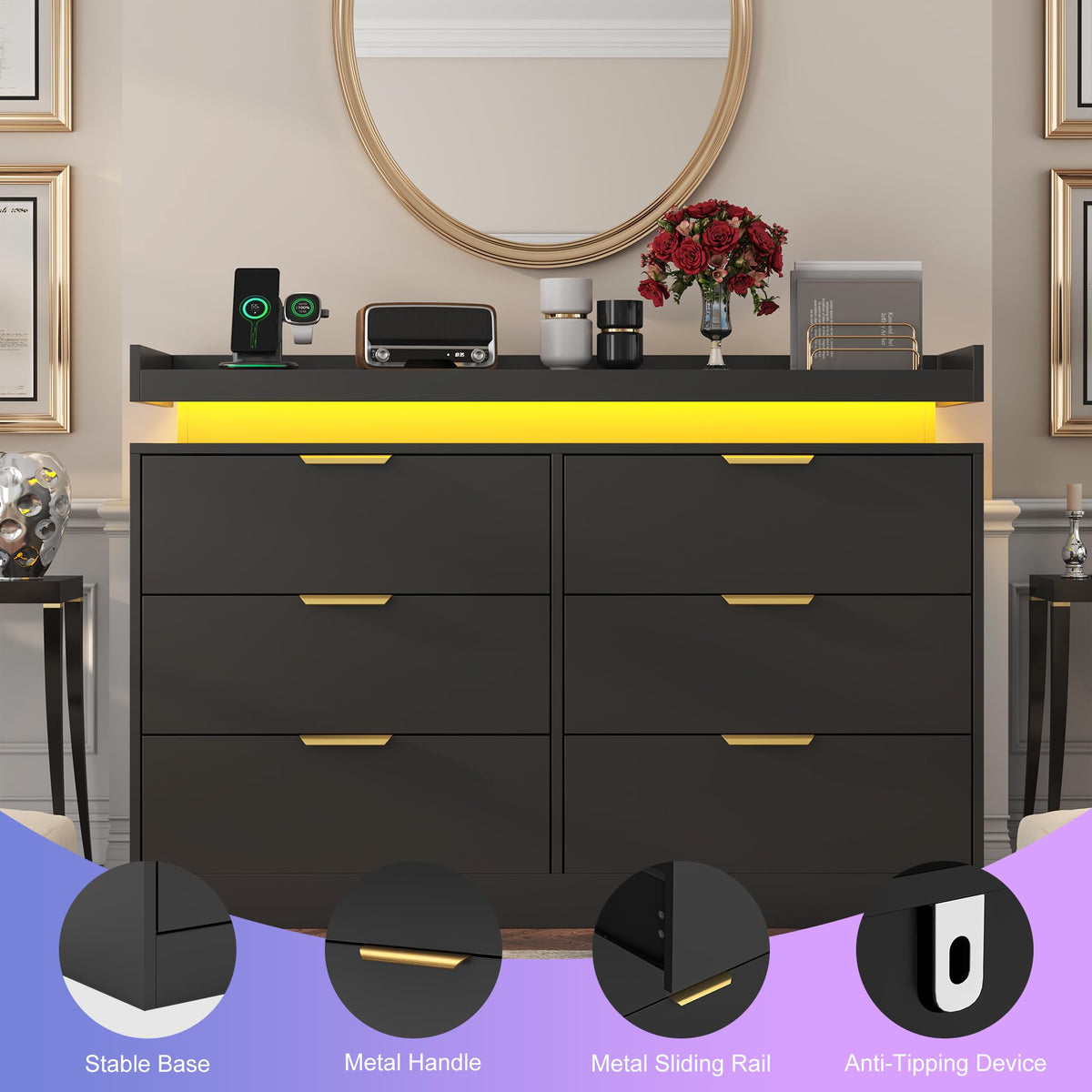 Black 6 Drawer Wood Dresser with LED Lights and Power Outlet G539637