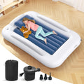 Inflatable Toddler Travel Bed 60 Inches Portable with Safety Sides Air Mattress Set Built-in Electric Pump Carry Case Sea Blue D3439