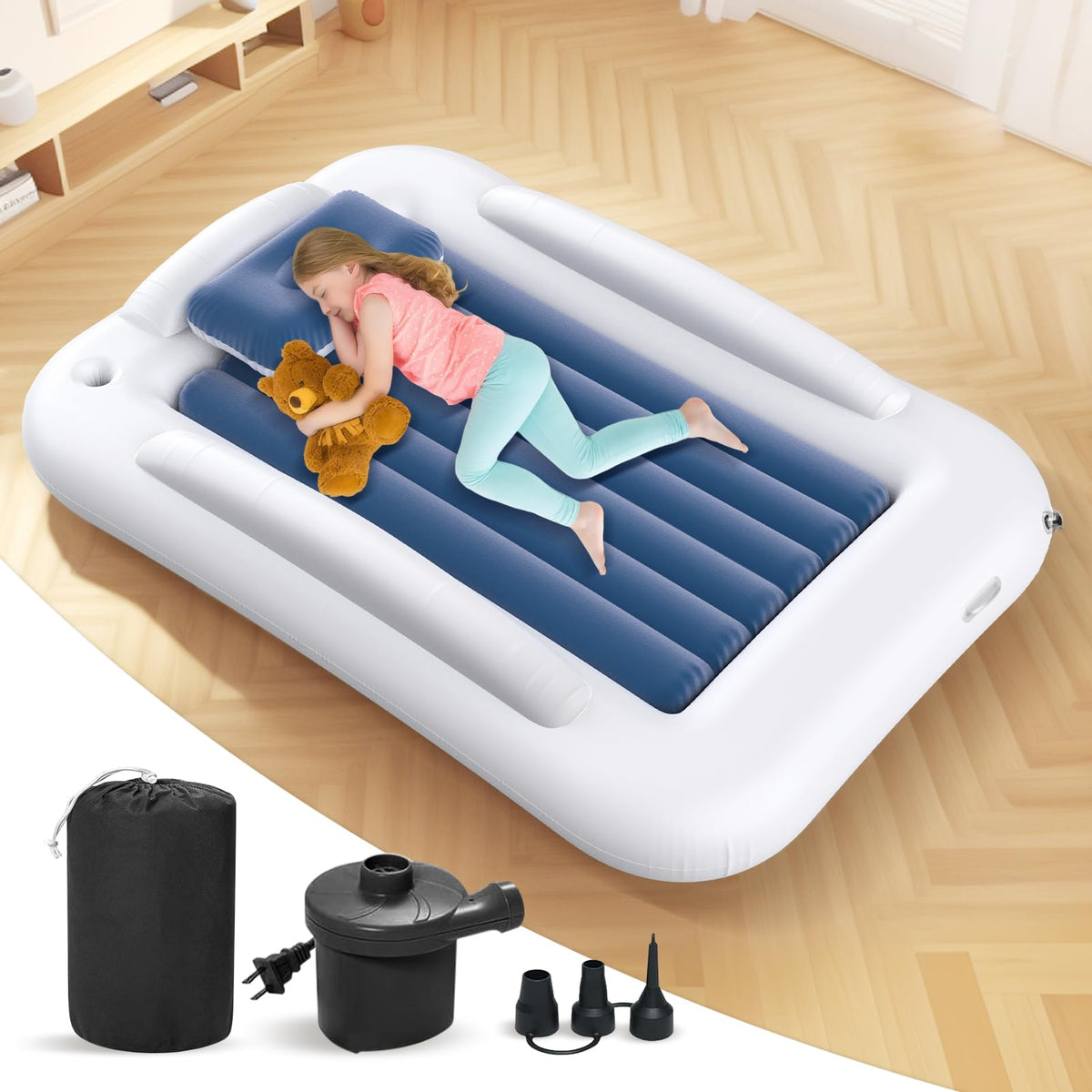 Inflatable Toddler Travel Bed 60 Inches Portable with Safety Sides Air Mattress Set Built-in Electric Pump Carry Case Sea Blue D3439