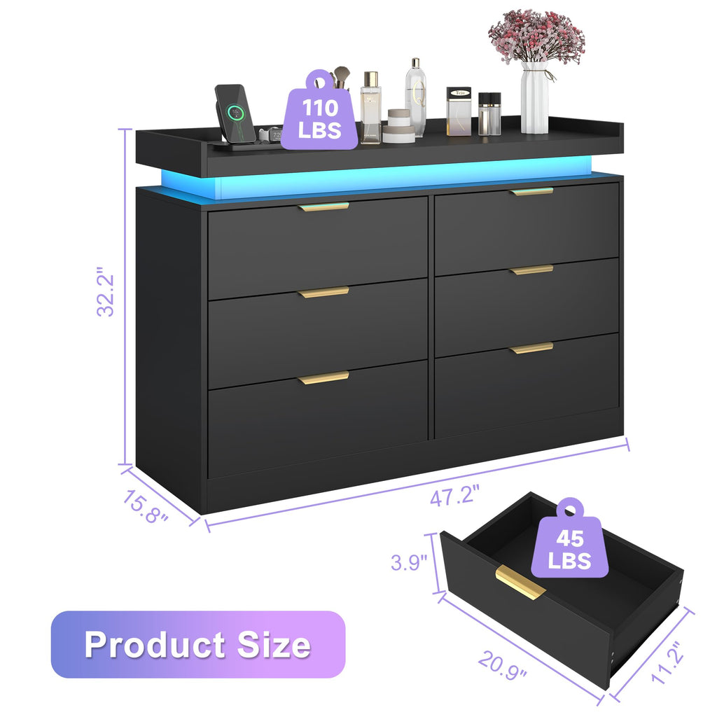 Black 6 Drawer Wood Dresser with LED Lights and Power Outlet G539637